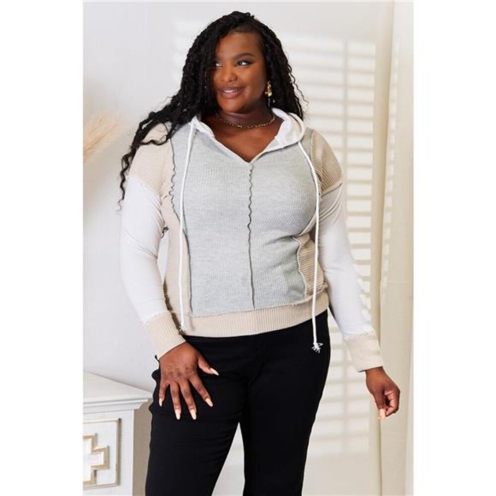 Double Take Color Block Exposed Seam Drawstring‎ Hoodie